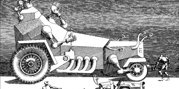Ilustración en blanco y negro de ciencia ficción. personaje sobre un carro. 
