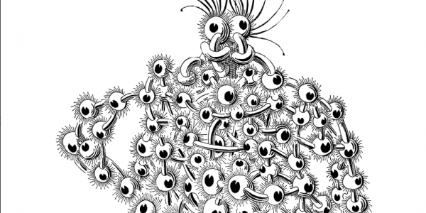 Ilustración en blanco y negro de ciencia ficción. Personaje con muchos ojos.  