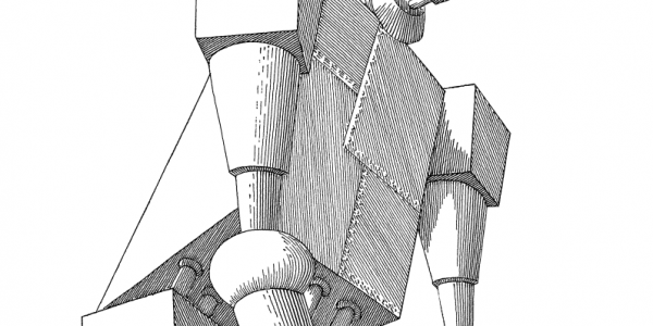 Ilustración en blanco y negro de ciencia ficción. Personaje robótico. 