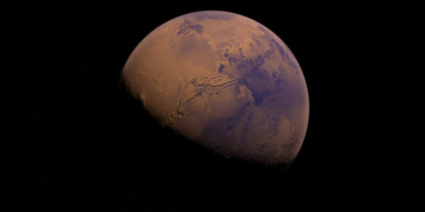 La mitad del planeta Marte en fondo negro. 