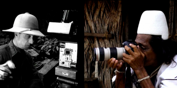 Explorador con cámara de video e indígena con cámara de Fotos 