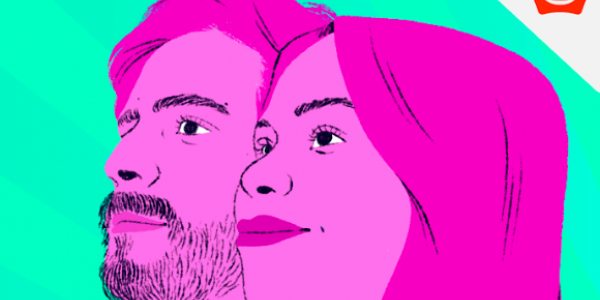 Ilustración de dos caras de hombre y mujer en colores verdes y rosadas