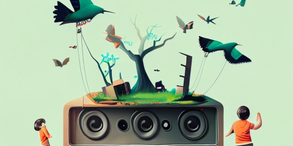 Ilustración de un amplificador con niños y pájaros creado por inteligencia artificial.