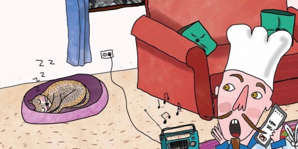 Ilustración de chef acostado en el piso de su sala hablando por celular y escuchando música 