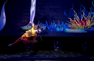 Malabarista de cuerdas de azul y rojo en acto sobre el escenario