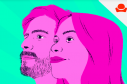 Ilustración de dos caras de hombre y mujer en colores verdes y rosadas