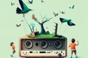 Ilustración de un amplificador con niños y pájaros creado por inteligencia artificial.