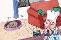 Ilustración de chef acostado en el piso de su sala hablando por celular y escuchando música 
